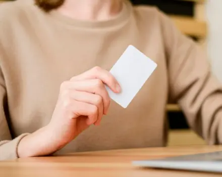 Person in beige sweater holding white card or paper at wooden table, representing someone reviewing mental health assessment results or information materials
