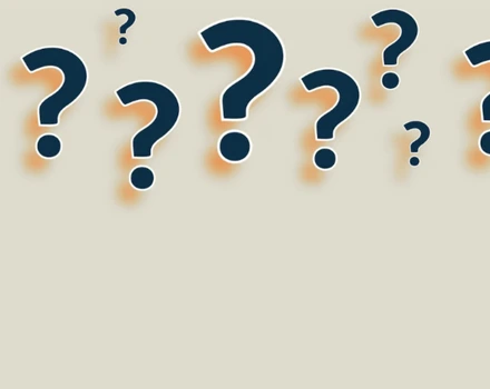 Row of dark blue and orange question marks arranged horizontally on light beige background, representing common questions and inquiries about healthcare services and insurance coverage